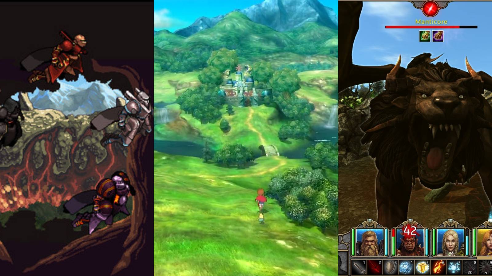 Mechs from Chained Echoes in left, Ni No Kuni: Wrath of the White Witch open world in middle and manticore attacking player party in Might & Magic X: Legacy