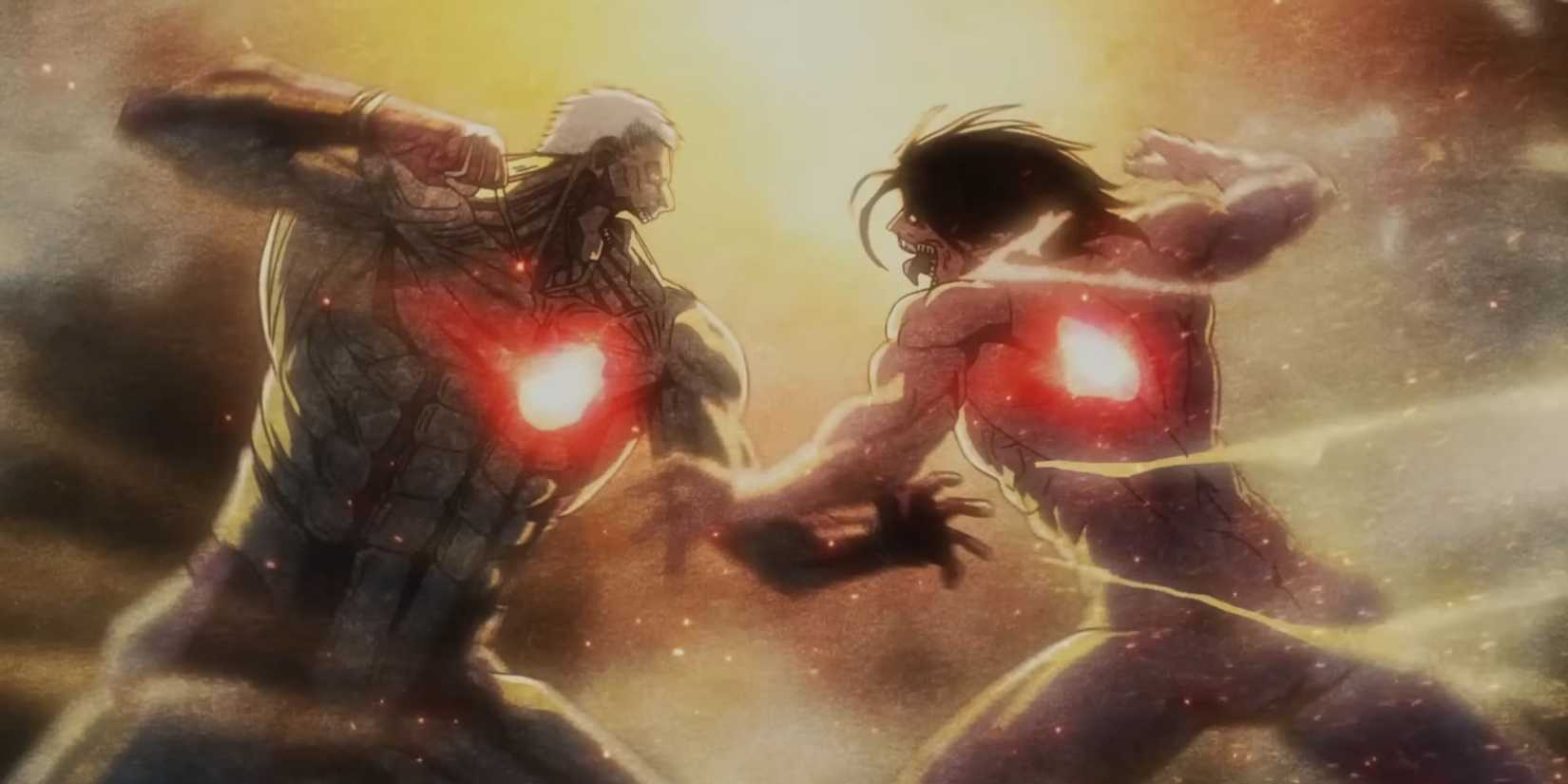 The Attack Titan vs the Armored Titan in the 3rd Opening.