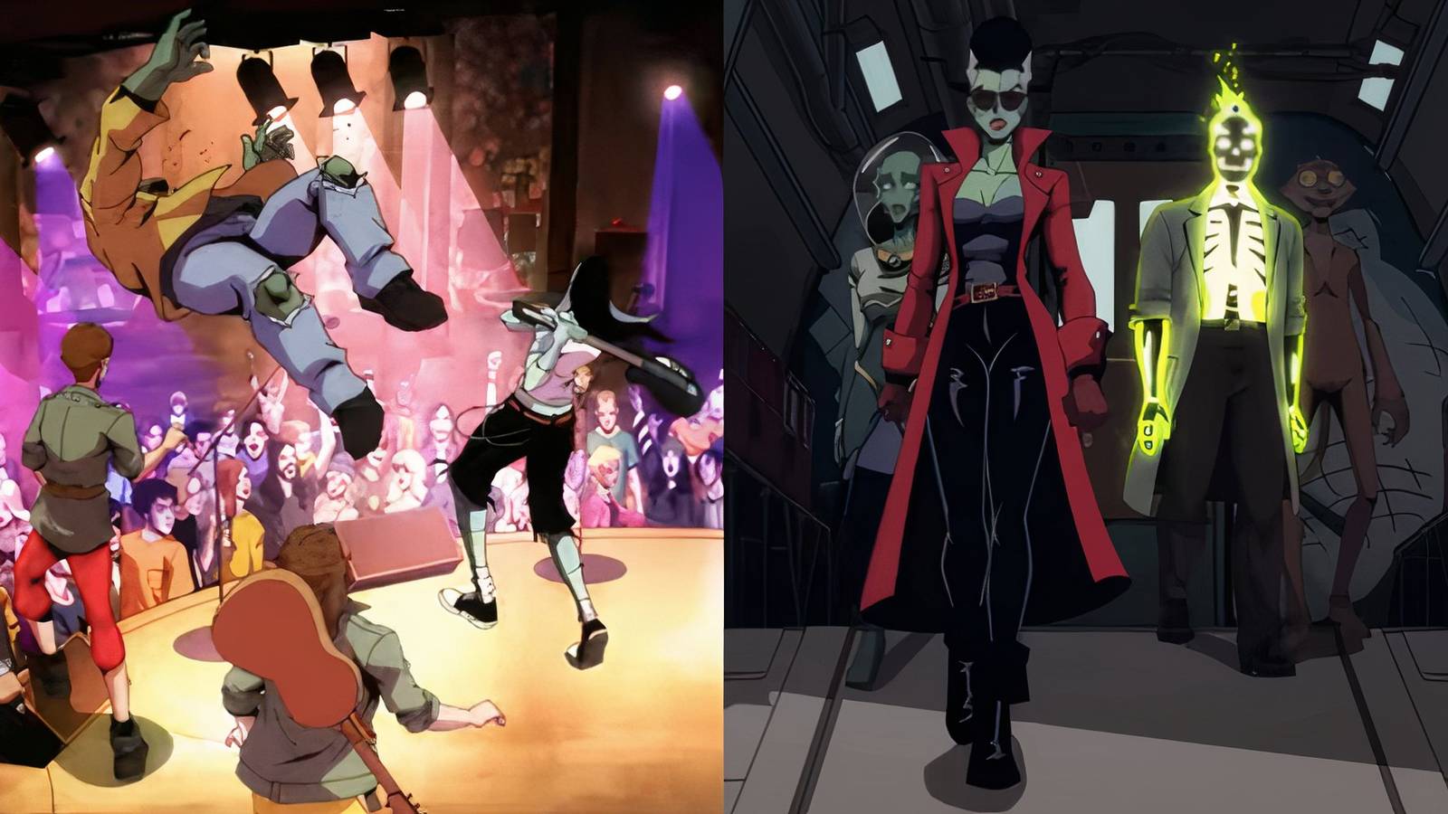 The Bride hitting Eric with a guitar on the left and the Creature commandos exiting a plane on the right