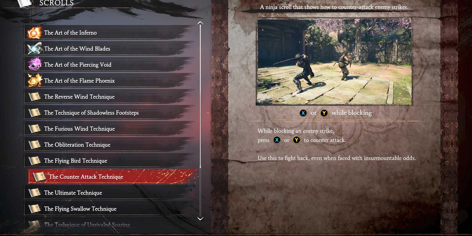 The Counter Attack Technique move listing in Ninja Gaiden 2 Black