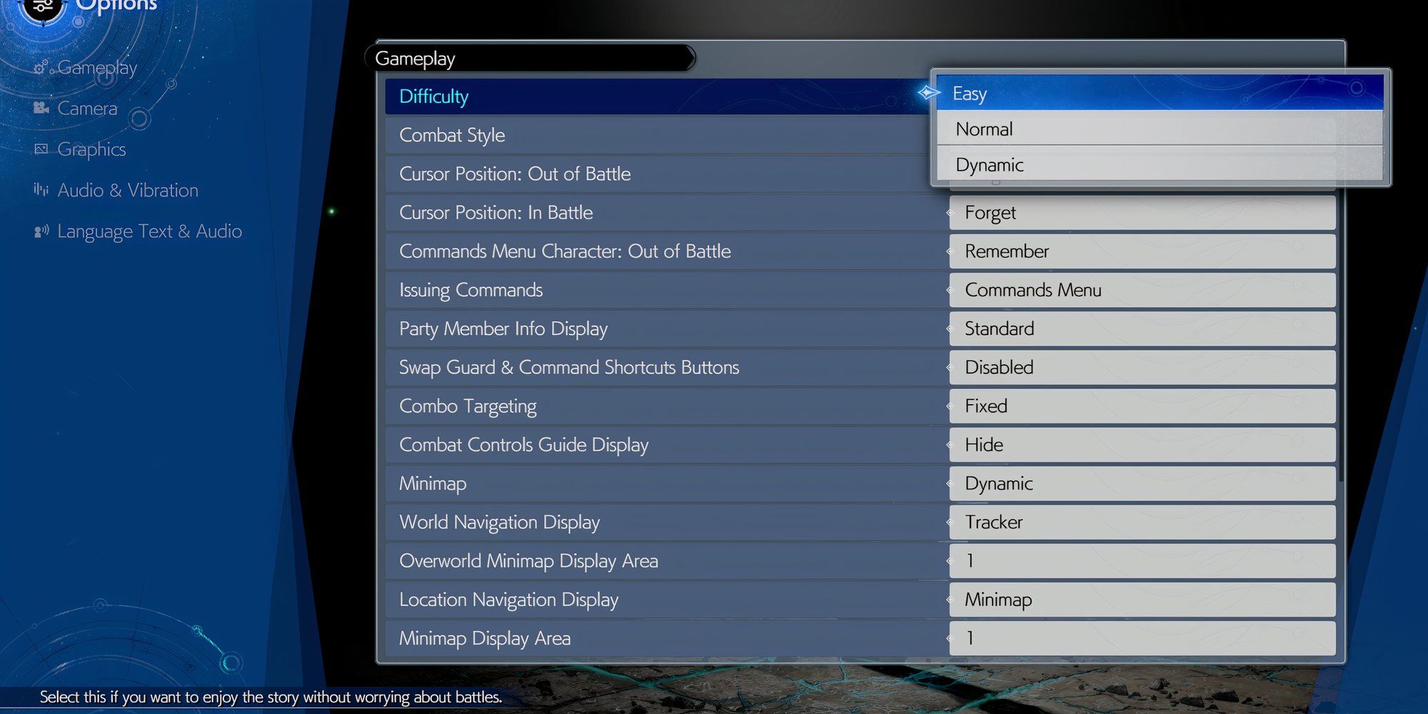 The difficulty menu in Final Fantasy 7 Rebirth