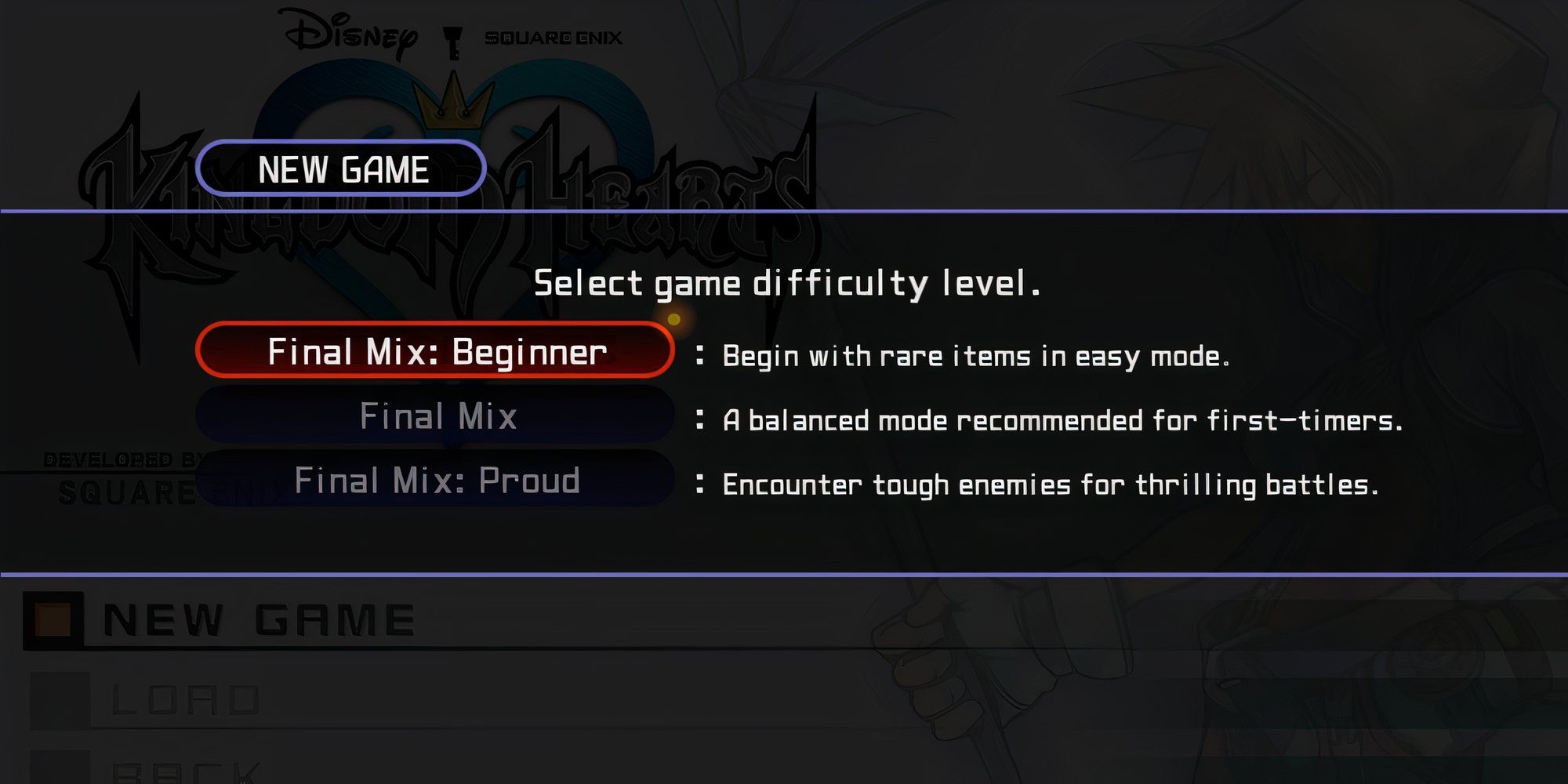 The difficulty menu in Kingdom Hearts