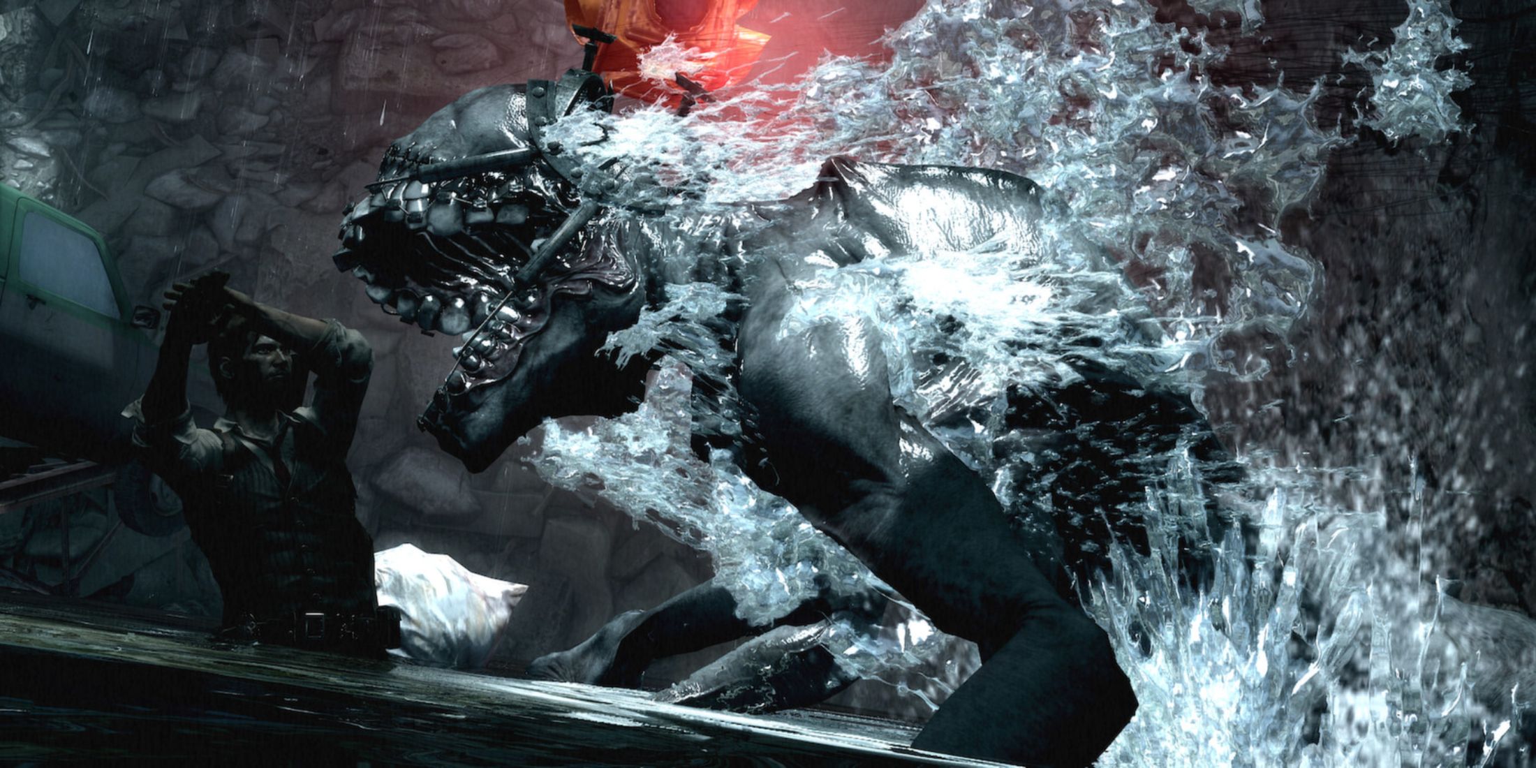 Sebastian being attacked by a creature in a body of water