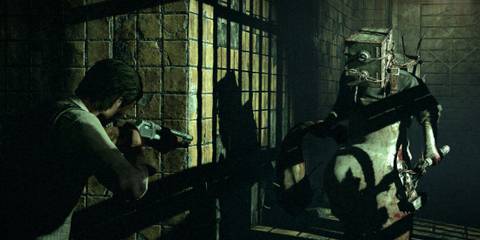 Sebastian aiming a shotgun at a creature with a safe for a head