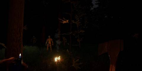 Cannibals standing near fire and player in The Forest