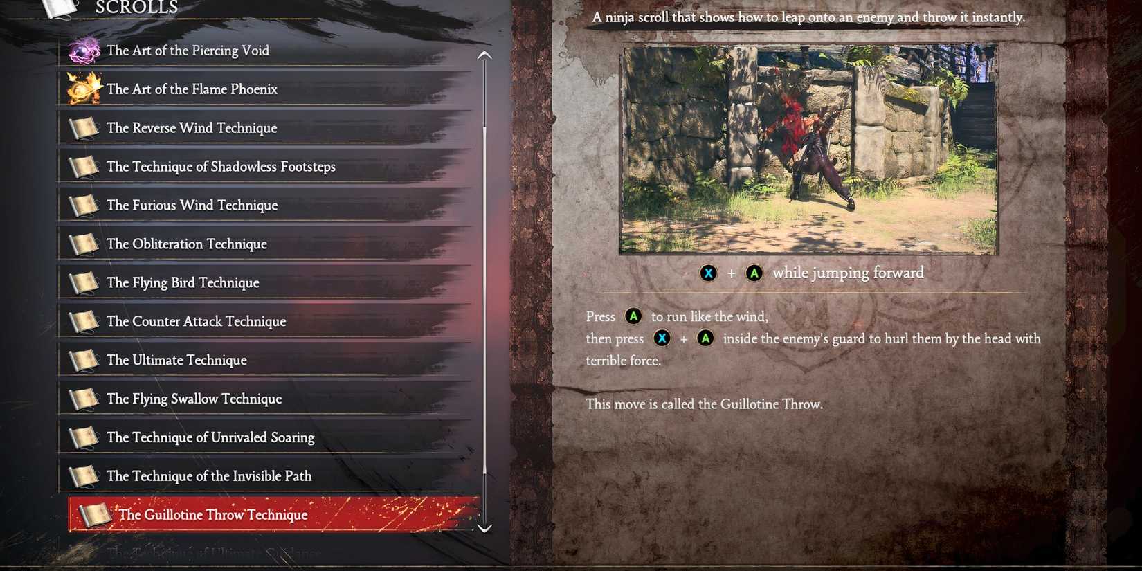 The Guillotine Throw Technique move listing in Ninja Gaiden 2 Black