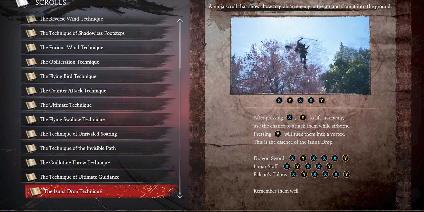 The Izuna Drop Technique move listing in Ninja Gaiden 2 Black