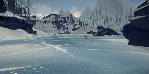 Player looking at two deer nearby on frozen lake in The Long Dark 