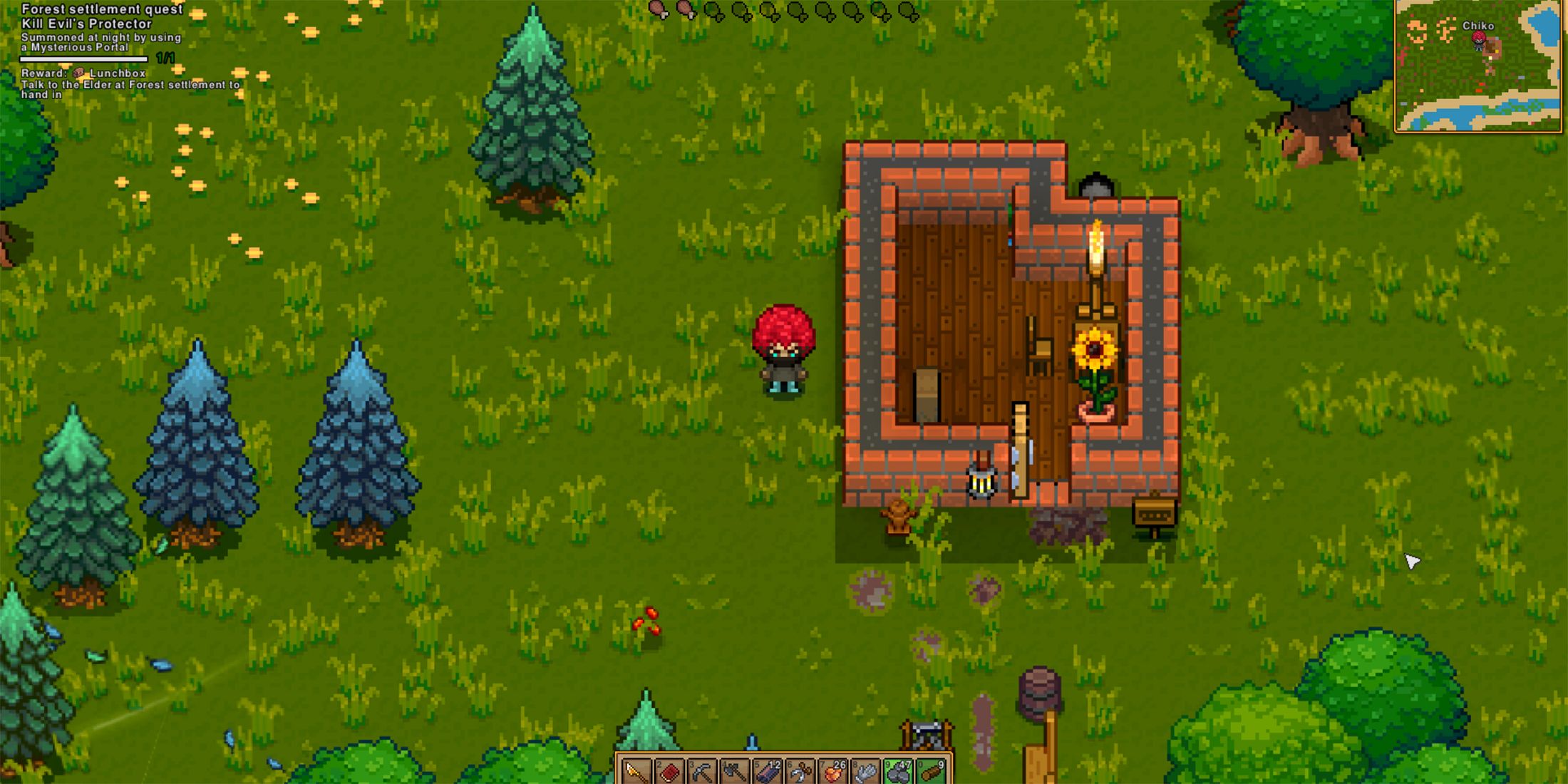 the player standing next to a village in necesse