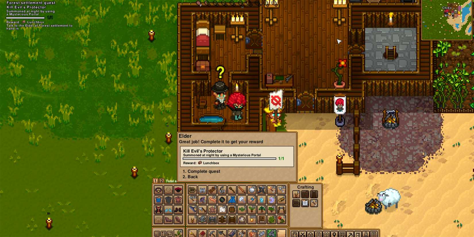 the player talking to the elder to complete a quest in necesse