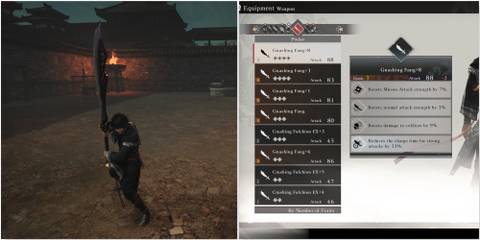 The Wanderer holding a Podao and Gnashing Fang weapon in Dynasty Warriors Origins