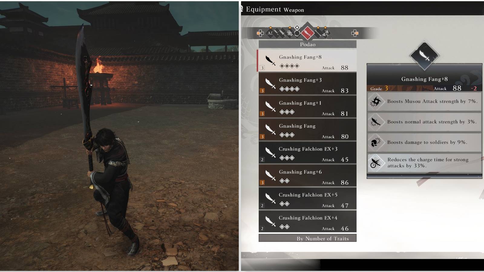 The Wanderer holding a Podao and Gnashing Fang weapon in Dynasty Warriors Origins