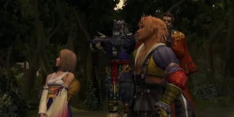 tidus with yuna, auron and kimahri
