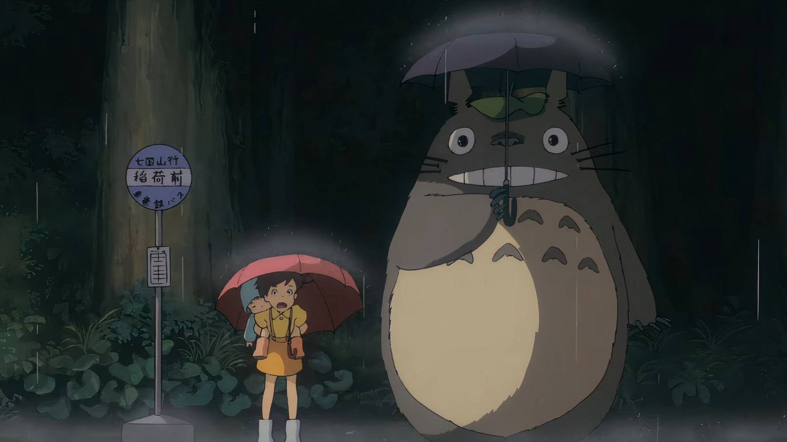 Totoro and Kusakabe sisters in the rain in My Neighbor Totoro
