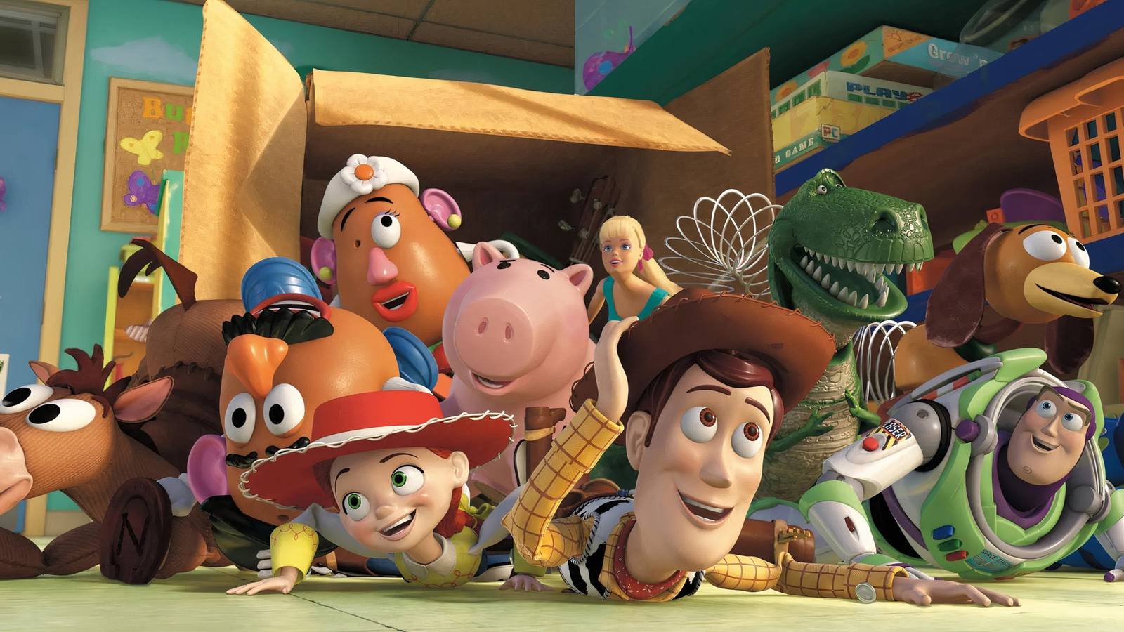 Toy Story characters spilling out of a box 