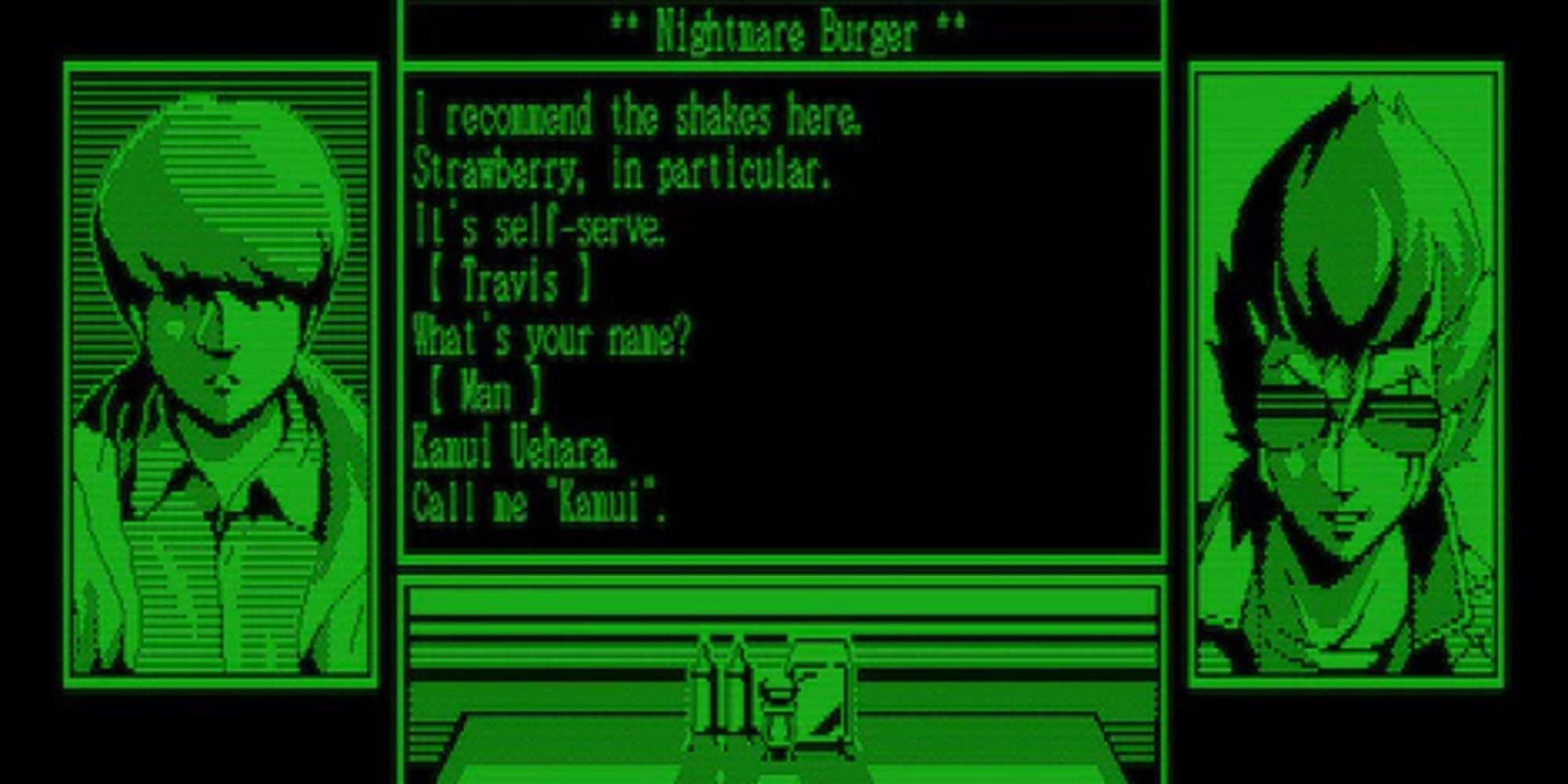 Travis talking with Kamui in a visual novel cutscene.