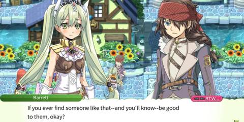 Two characters having a heartfelt conversation in a colorful village scene, Rune Factory 4