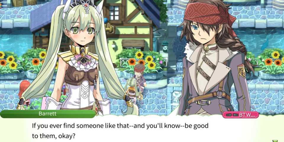 Two characters having a heartfelt conversation in a colorful village scene, Rune Factory 4