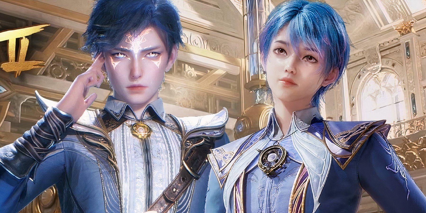 Two men standing in the Golden Hall. Main characters Soul Land 2.