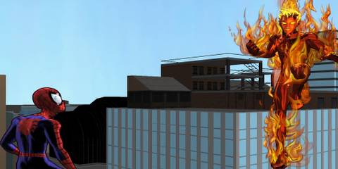 Spider-Man talking to the Human Torch in Ultimate Spider-Man