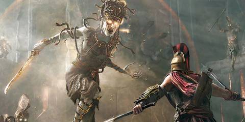 A player fighting Medusa in AC Odyssey