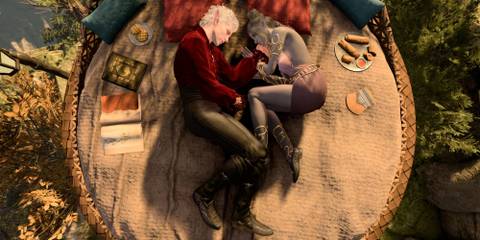 Astarion and a Drow sleeping with the Cozier Sleepy Times mod in Baldur's Gate 3
