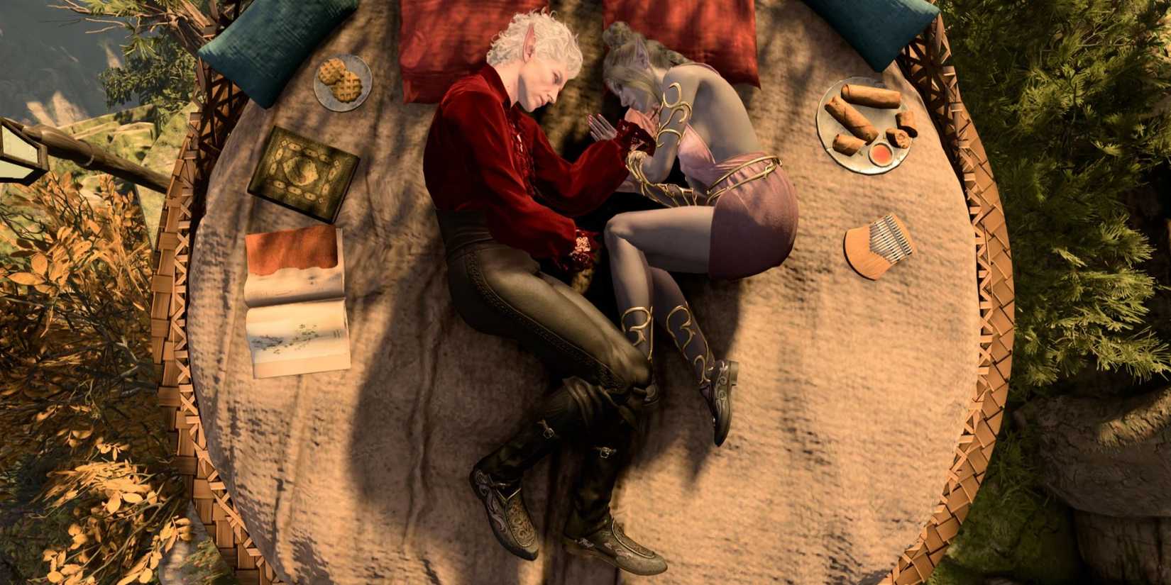 Astarion and a Drow sleeping with the Cozier Sleepy Times mod in Baldur's Gate 3
