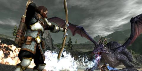 Sebastian Vael aiming at a dragon in Dragon Age 2