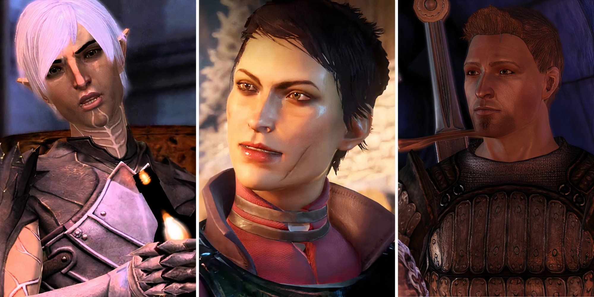 A grid showing the three warrior companions Fenris, Cassandra, and Alistair from the Dragon Age franchise