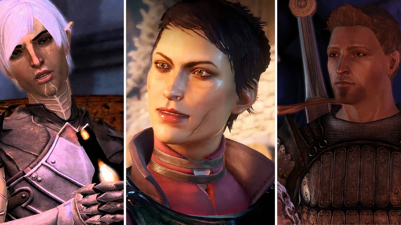 A grid showing the three warrior companions Fenris, Cassandra, and Alistair from the Dragon Age franchise