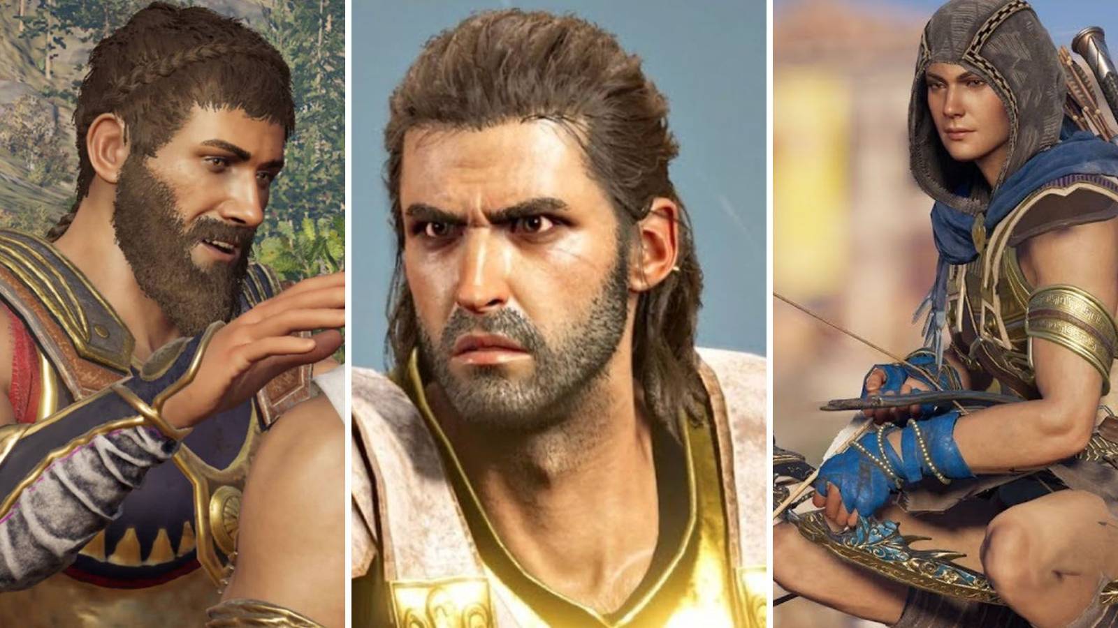 A grid of showing Brasidas, Alexios, and Kassandra in Assassin's Creed Odyssey