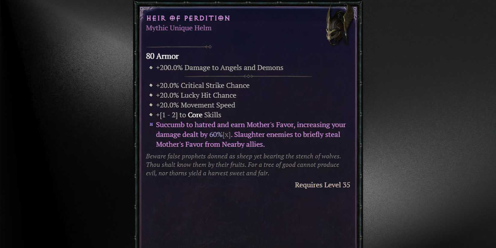 the detailed view of the heir of perdition mythic unique item