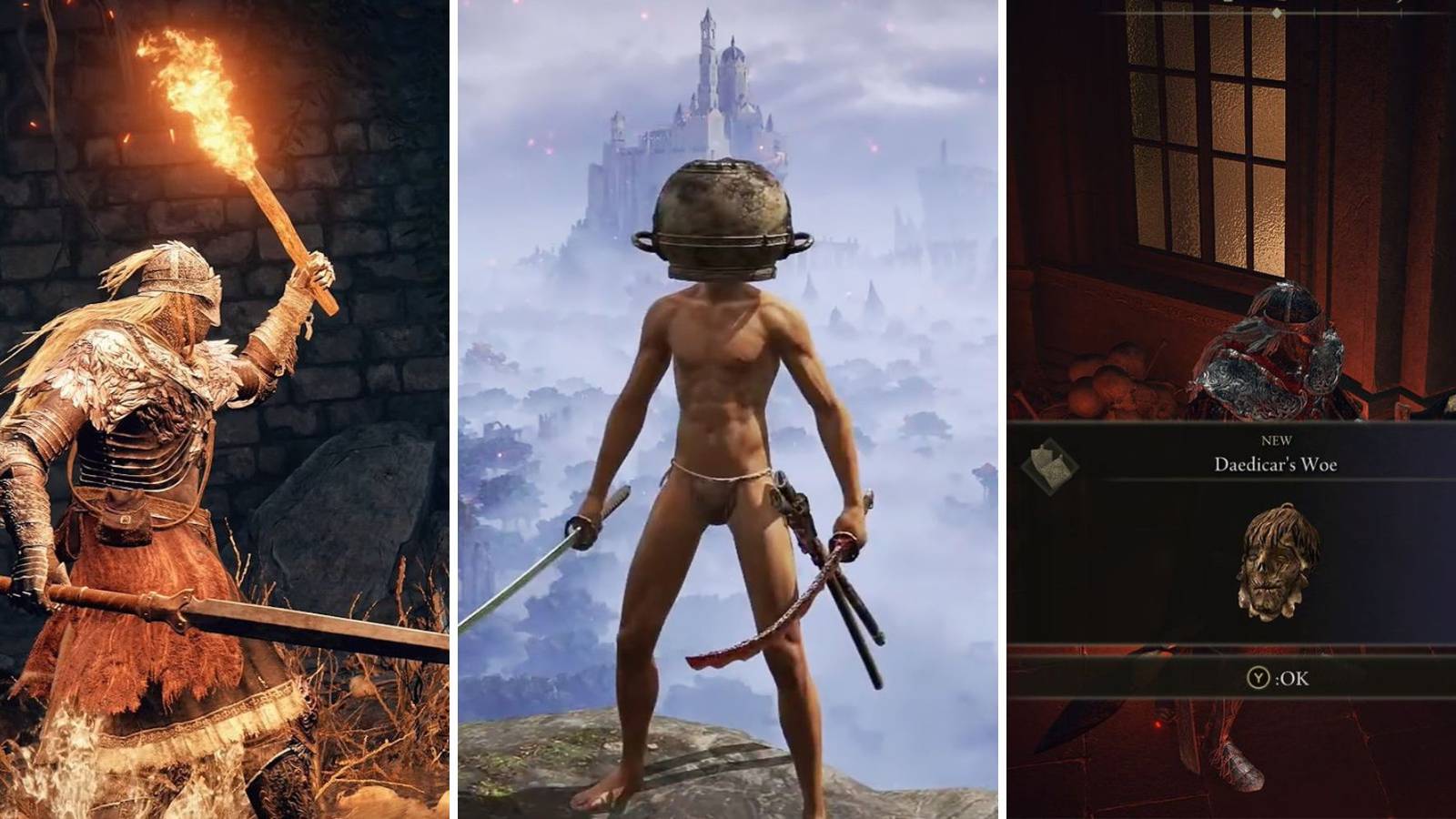 A grid showing a player with a torch, a player naked, and a talisman in Elden Ring