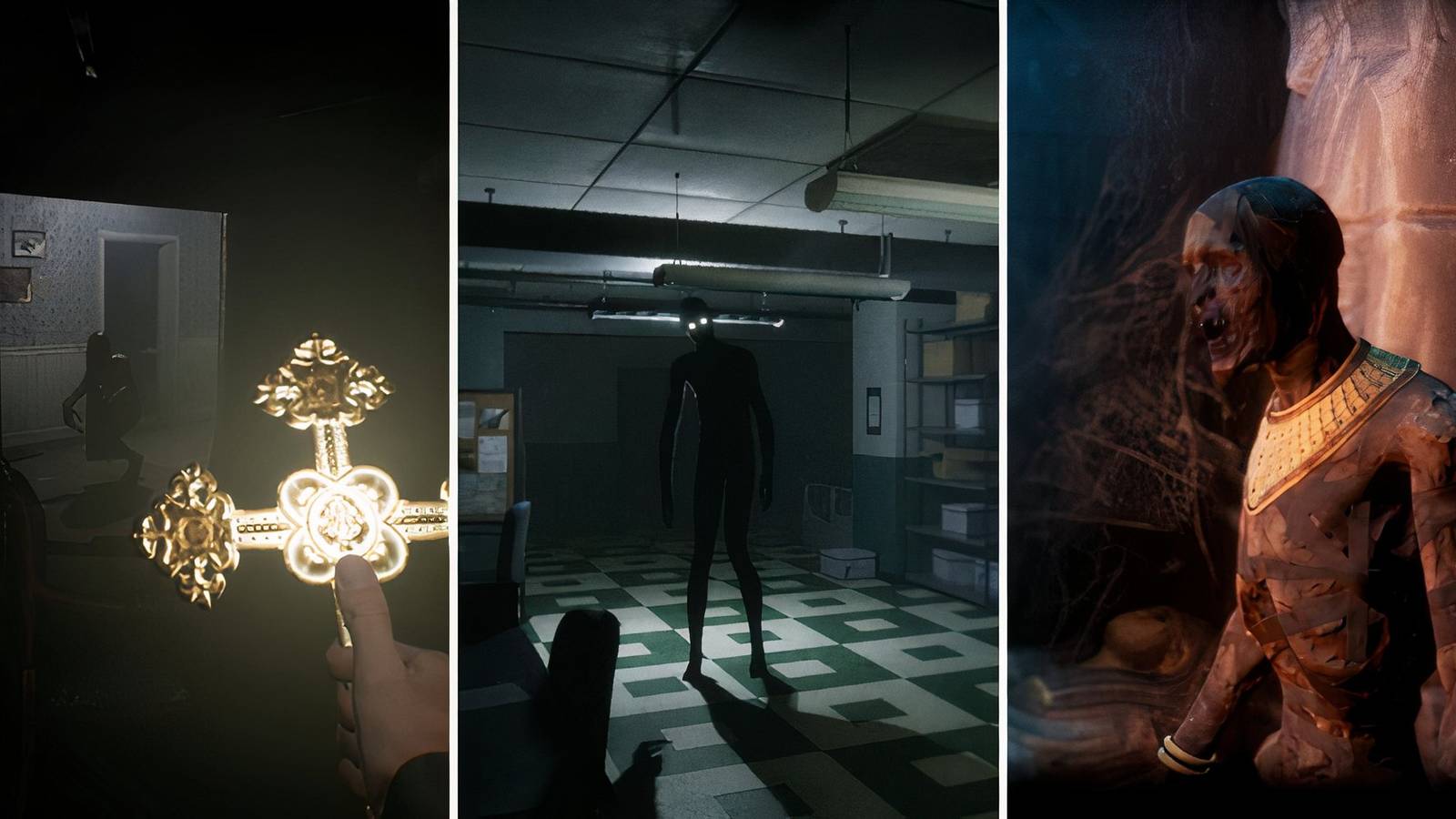 A grid showing the ghost hunting games Project Unknown, Ghost Watchers, and Forewarned