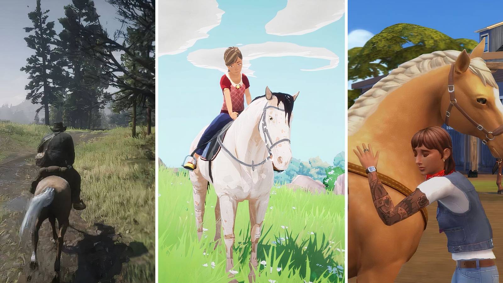 A grid showing the horse games Red Dead Redemption 2, Horse Tales: Emerald Valley Ranch, and The Sims 4: Horse Ranch Expansion Pack