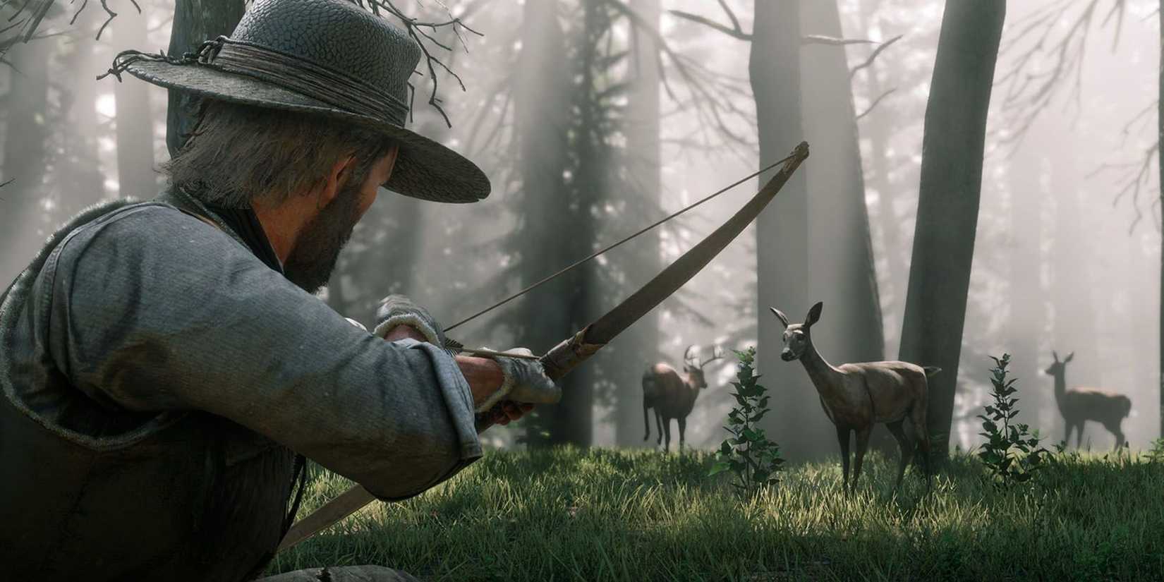 Arthur hunting with a bow in Red Dead Redemption 2