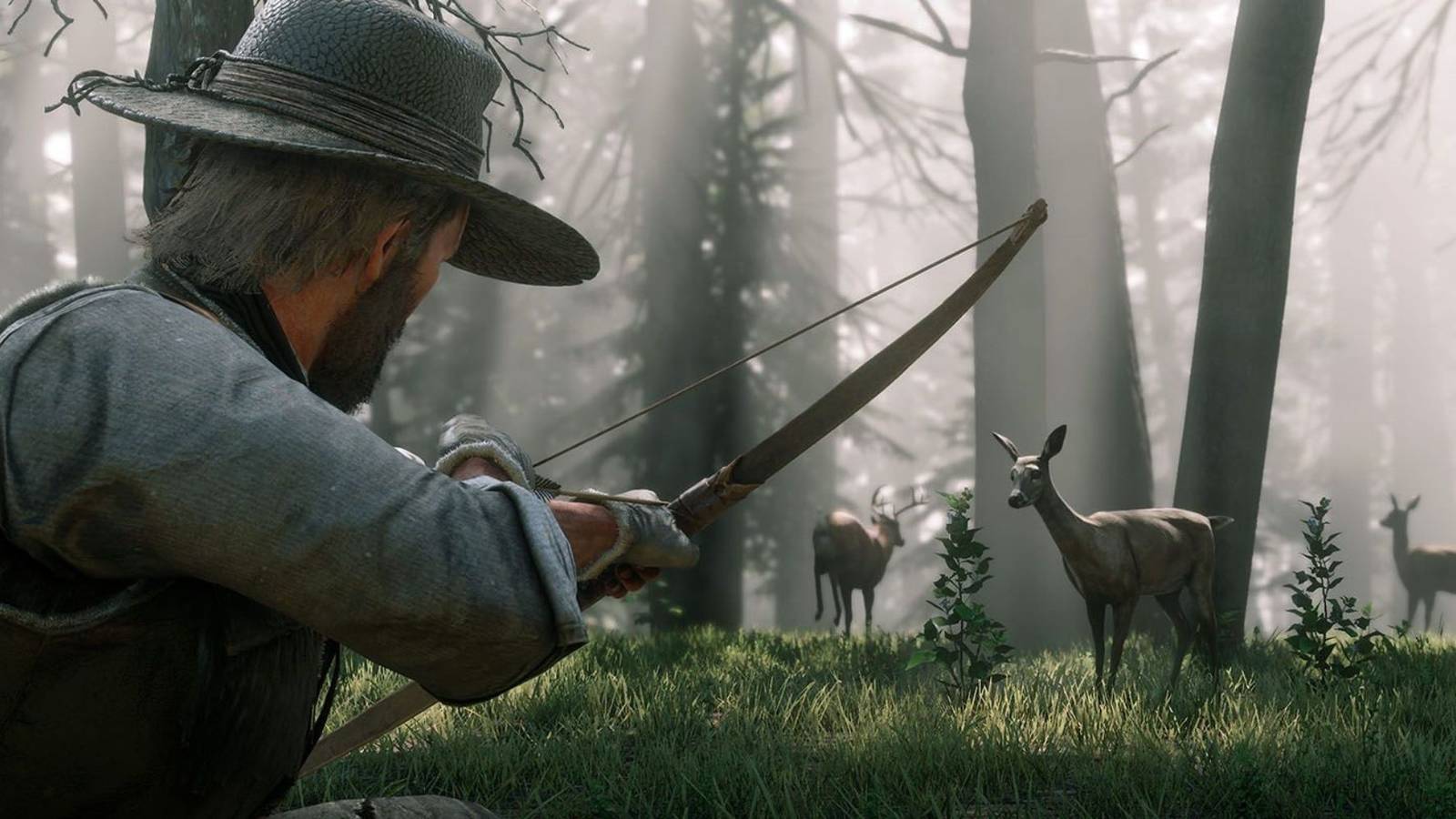Arthur hunting with a bow in Red Dead Redemption 2