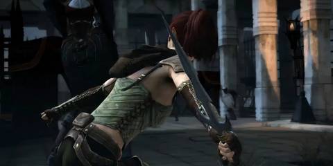 Tallis attacking an enemy in Dragon Age 2