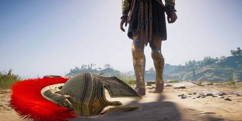 Spartan helmet on the floor in AC Odyssey