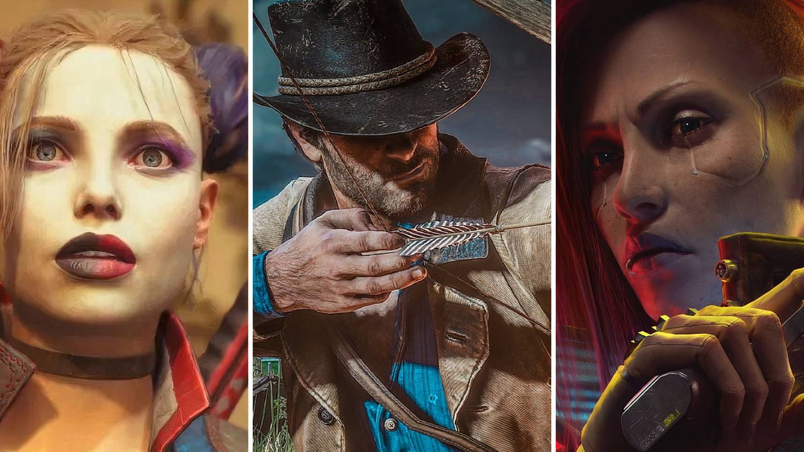 A grid showing the anti-heroes from the games Suicide Squad: Kill the Justice League, Red Dead Redemption 2, and Cyberpunk 2077