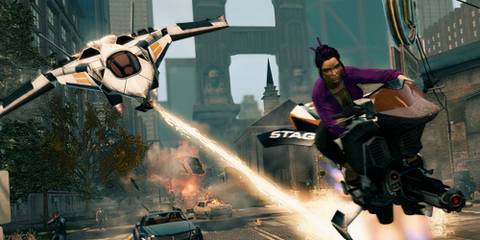 A player on a hover bike in Saints Row the Third