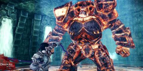 Sigrun fighting a Golem in Dragon Age: Origins