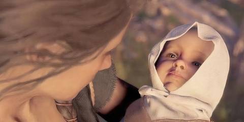 Kassandra holding a baby in AC Odyssey