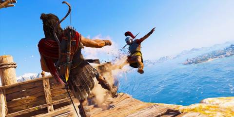 Alexios kicking someone off a cliff in AC Odyssey