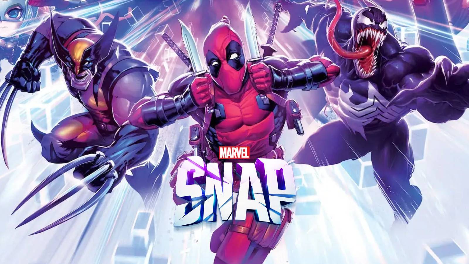 Official Marvel Snap art featuring Wolverine, Deadpool, and Venom. Edited to include the Marvel Snap logo
