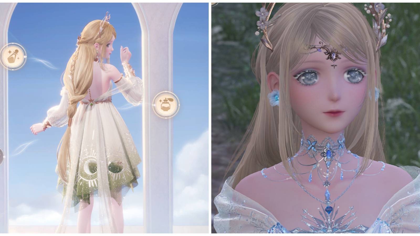 Split image of Nikki wearing hair oil and Nikki in a cut scene in Infinity Nikki