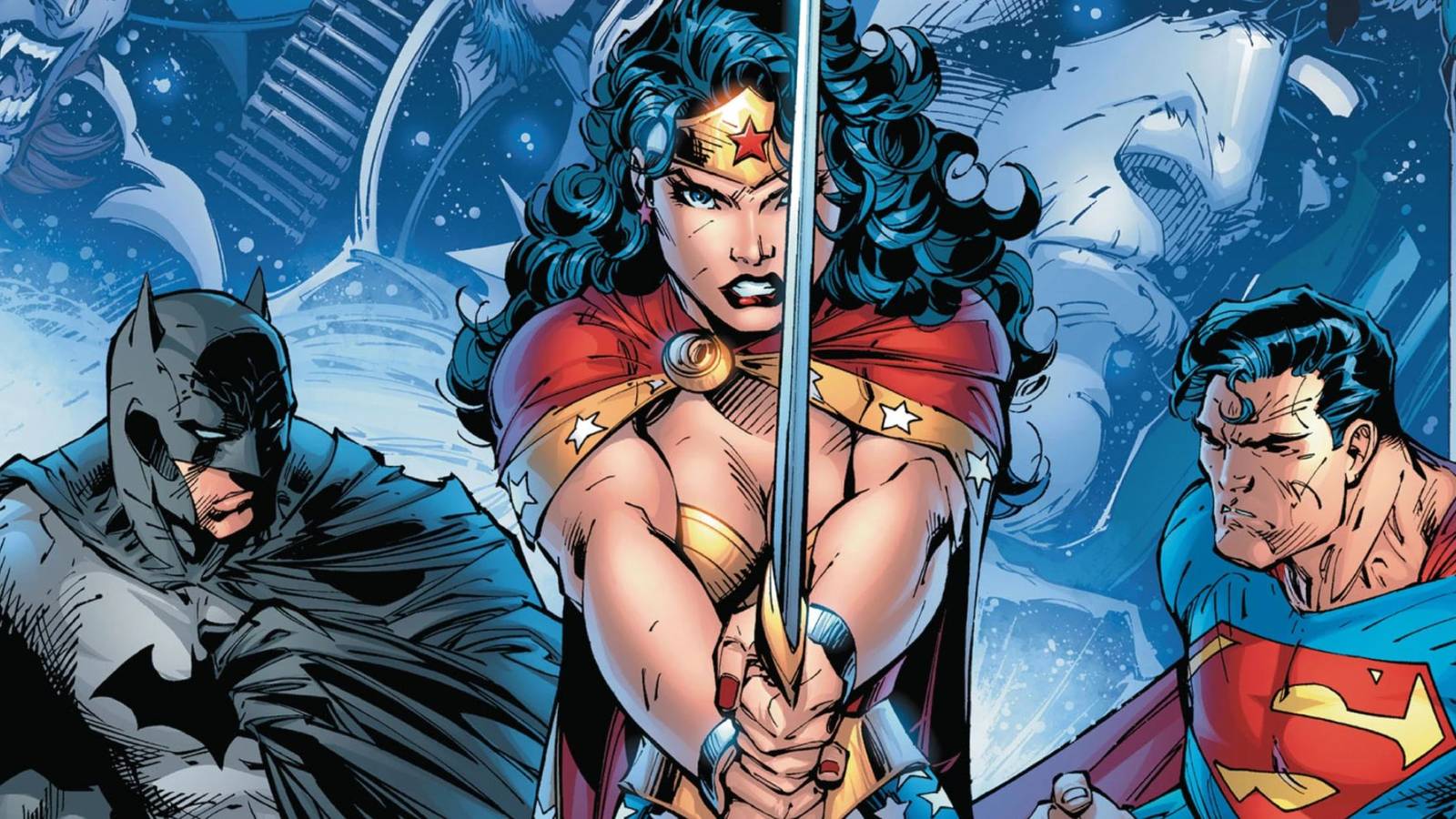 Wonder Woman stands ready with sword, flanked by Batman and Superman