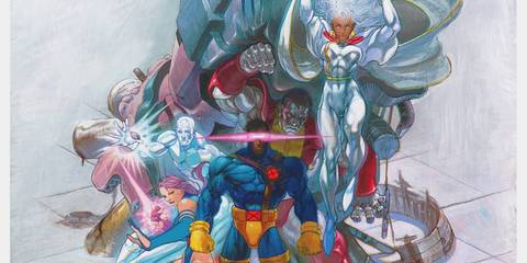 Cyclops, Psylocke, Storm, and others appear in this original artwork for X-Men: Children of the Atom from Marvel vs Capcom Fighting Collection.