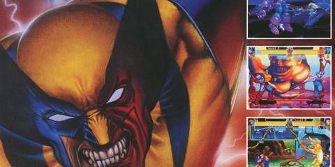 Wolverine appears behind screenshots of X-Men: Children of the Atom in this promotional image from Marvel vs Capcom Fighting Collection.