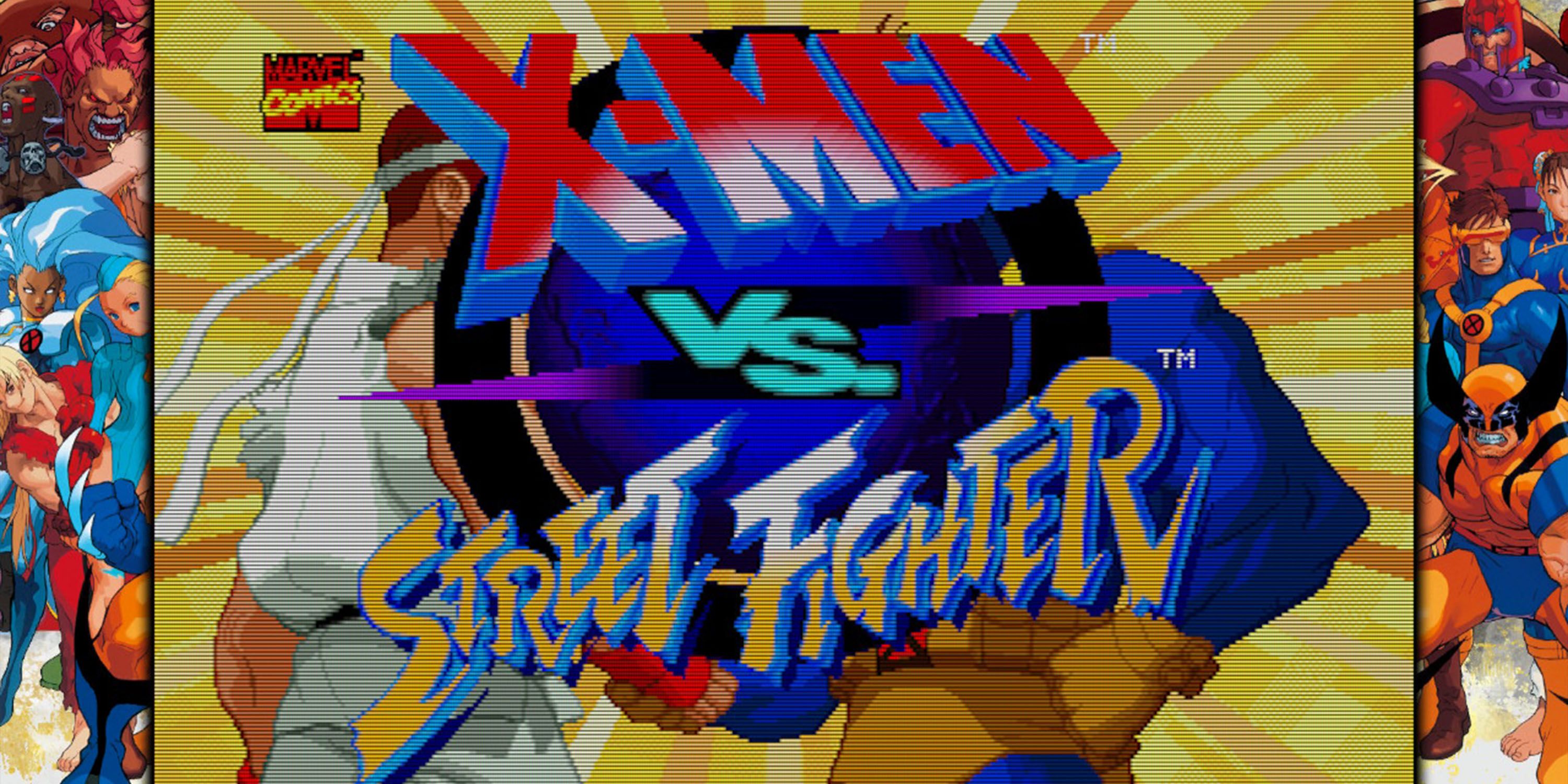 Ryu and Cyclops shake hands behind the X-Men vs Street Fighter logo from Marvel vs Capcom Fighting Collection.